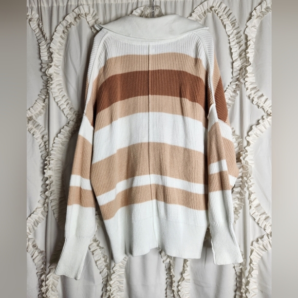 Aerie Beyond Neutral Stripe Knit Oversized Slouchy 1/4 Zip Pullover Sweater Sz M - Picture 2 of 6